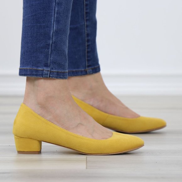 Mustard Faux Suede Close Round Toe Kitten Low Block Heel Pumps - Picture 3 of 13